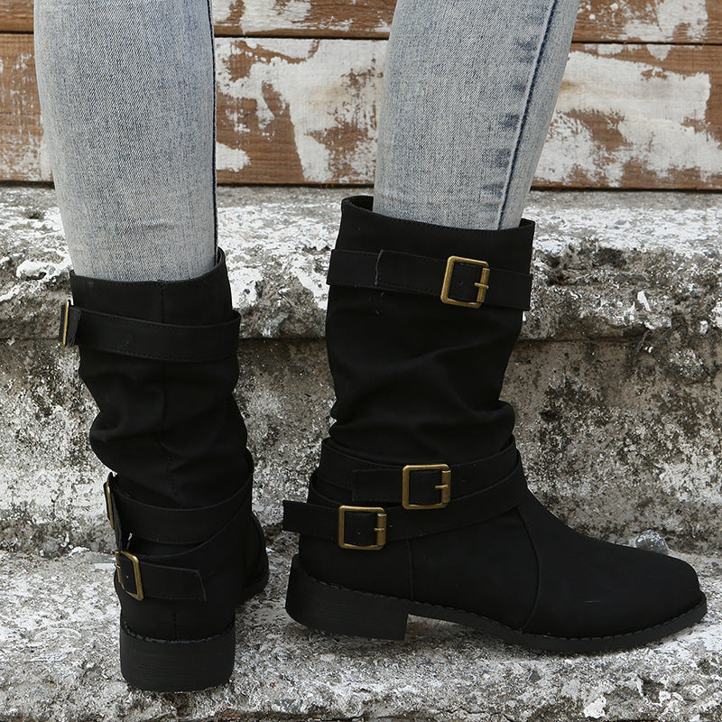 Sloane Luxe Slouch Boots – Buckle-Accented Mid-Calf Flat Boots