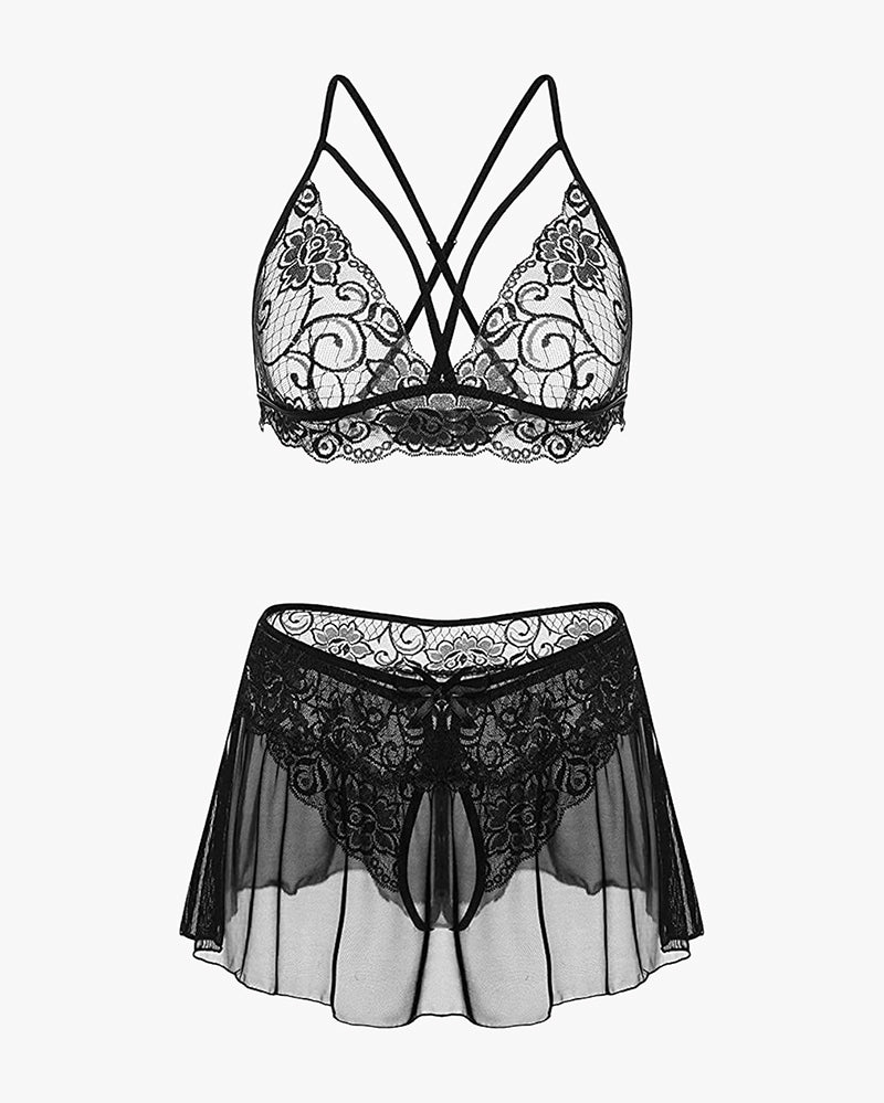 3 Piece Sets Lace Bralette, Skirt with Panty