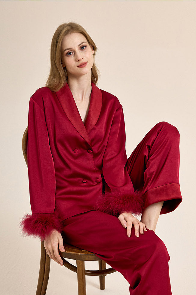 Feather Trim Red Pyjamas Set