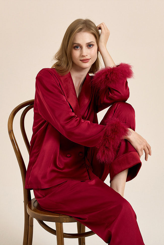 Feather Trim Red Pyjamas Set