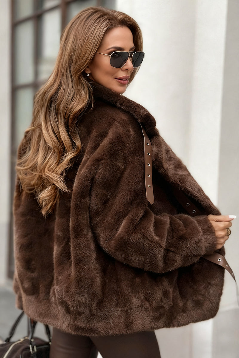 Women Lapel Plush Leather Buttoned Temperament Casual Coat