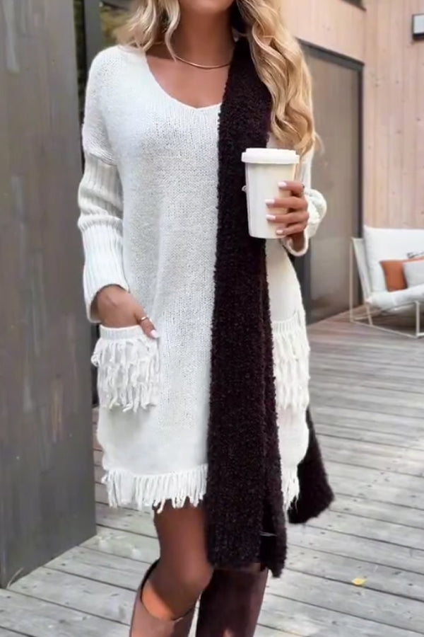 Women Casual Tassel Pocket Paneled Sleeve Sweater Dress