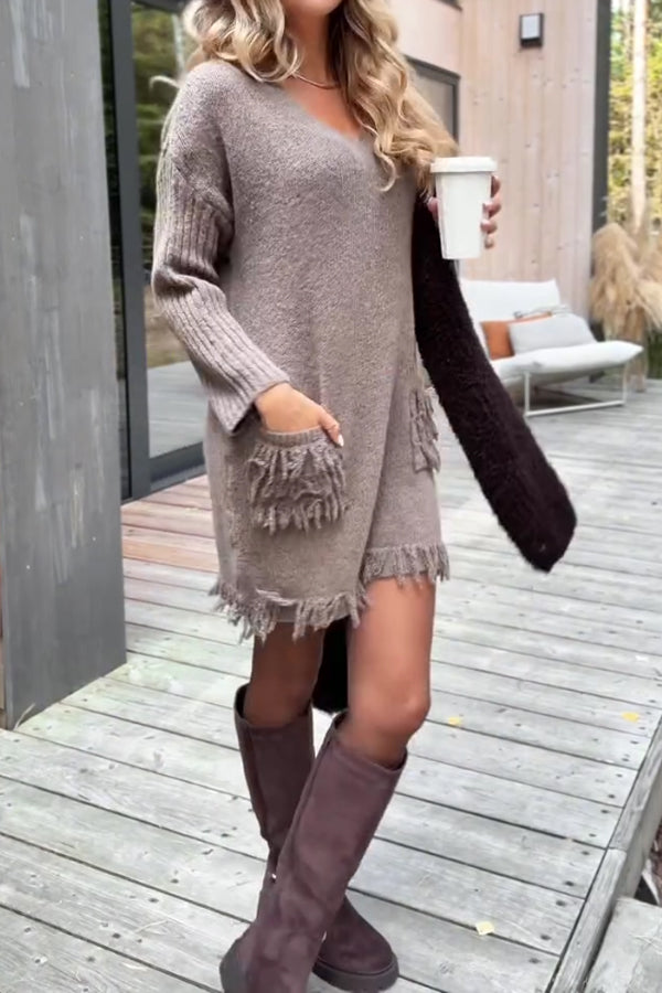 Women Casual Tassel Pocket Paneled Sleeve Sweater Dress