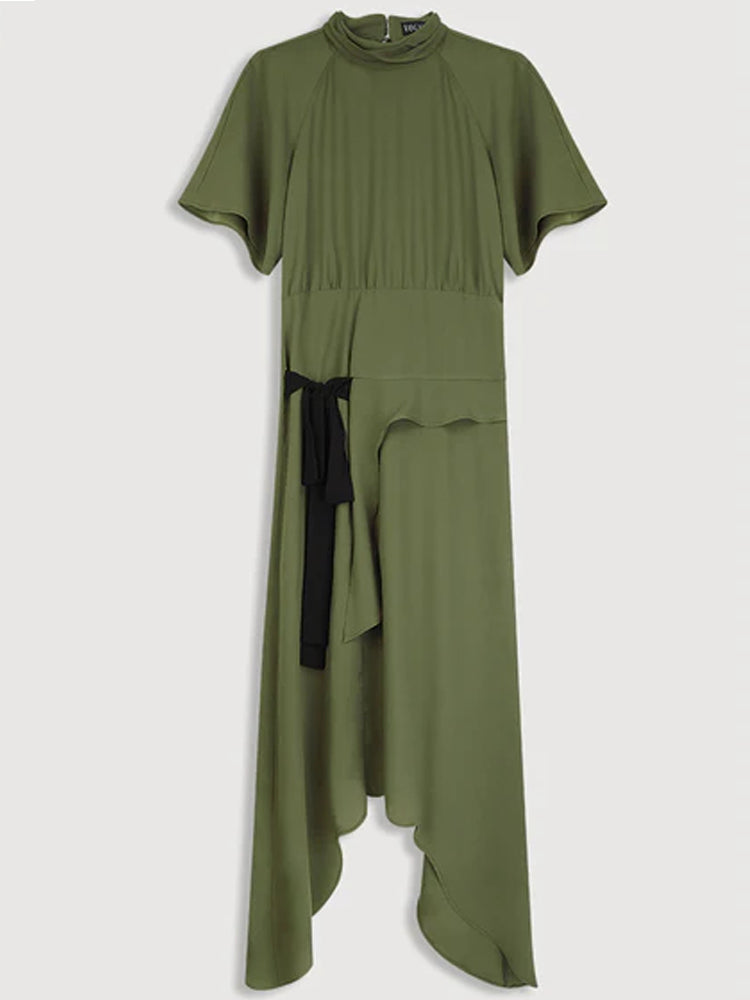 Asymmetric High-Neck Midi Dress
