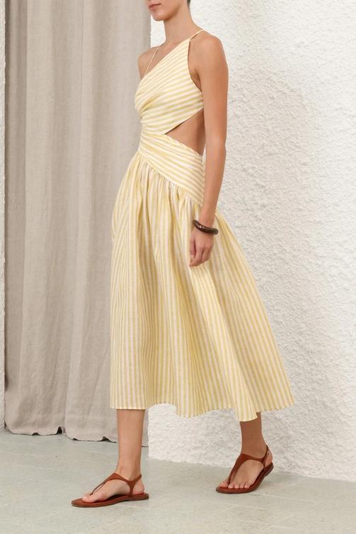 Cascadian Cutout Ruched Striped Midi Dress