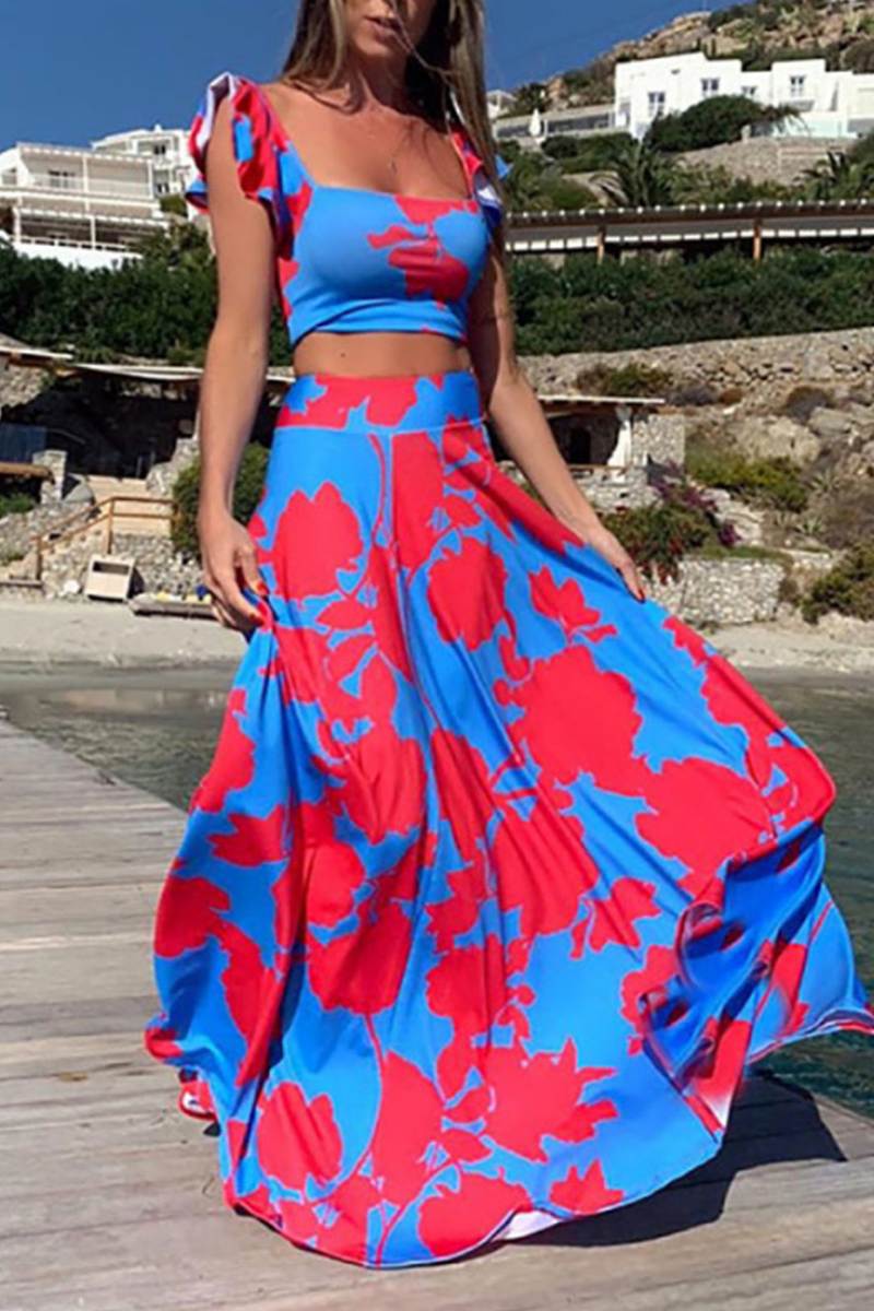 Floral Print Skirt Set – Red & Blue Summer Two-Piece