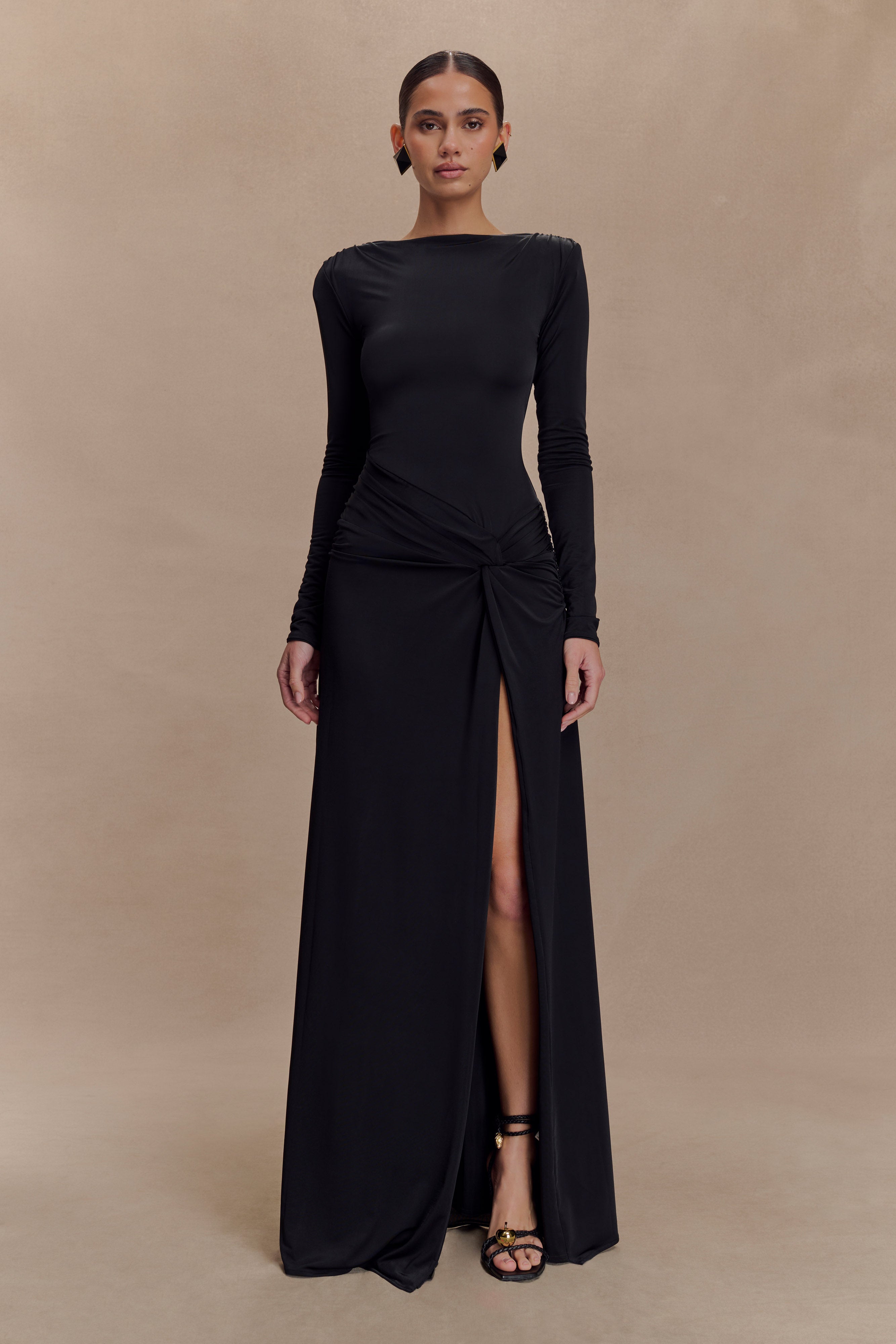 Deanna Long Sleeve Gathered Maxi Dress - Black