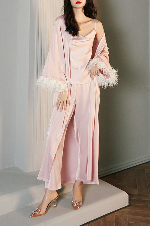 Feather Satin Kimono Robe
