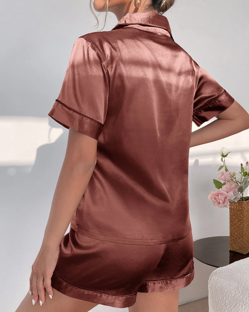Satin Lapel Button Front Contrast Tie Pajama Set