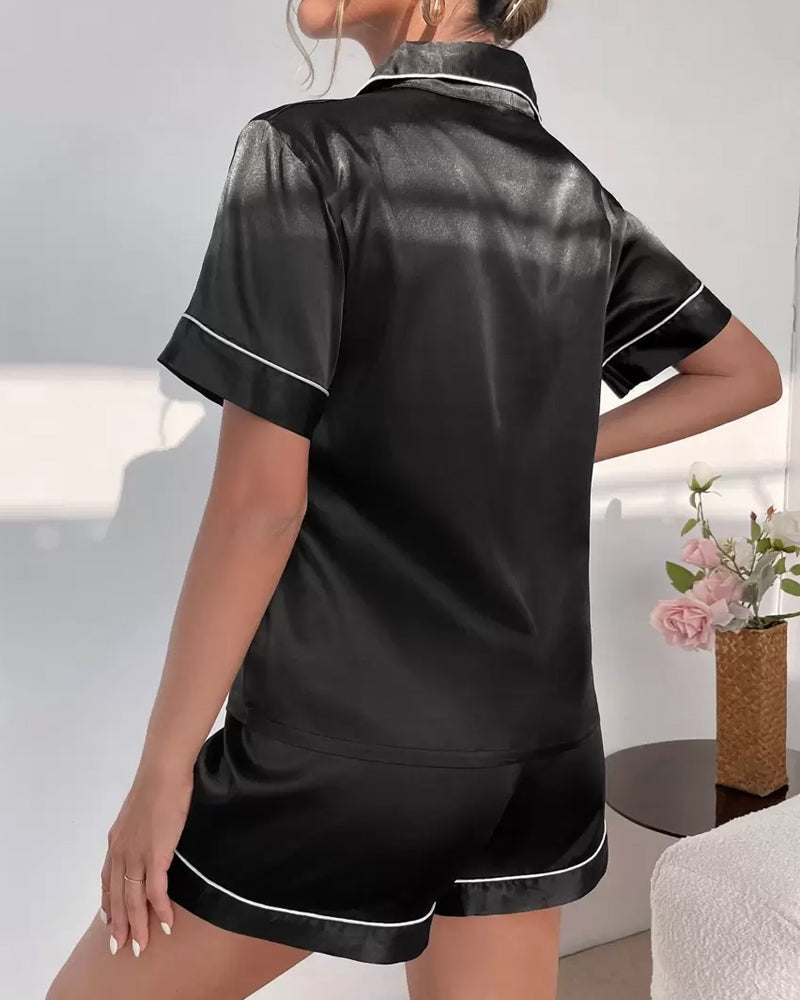 Satin Lapel Button Front Contrast Tie Pajama Set