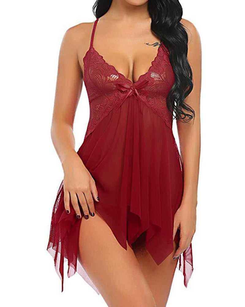 Women's Deep V Sexy Lace Mesh Irregular Hem Suspender Nightdress and Thong Set