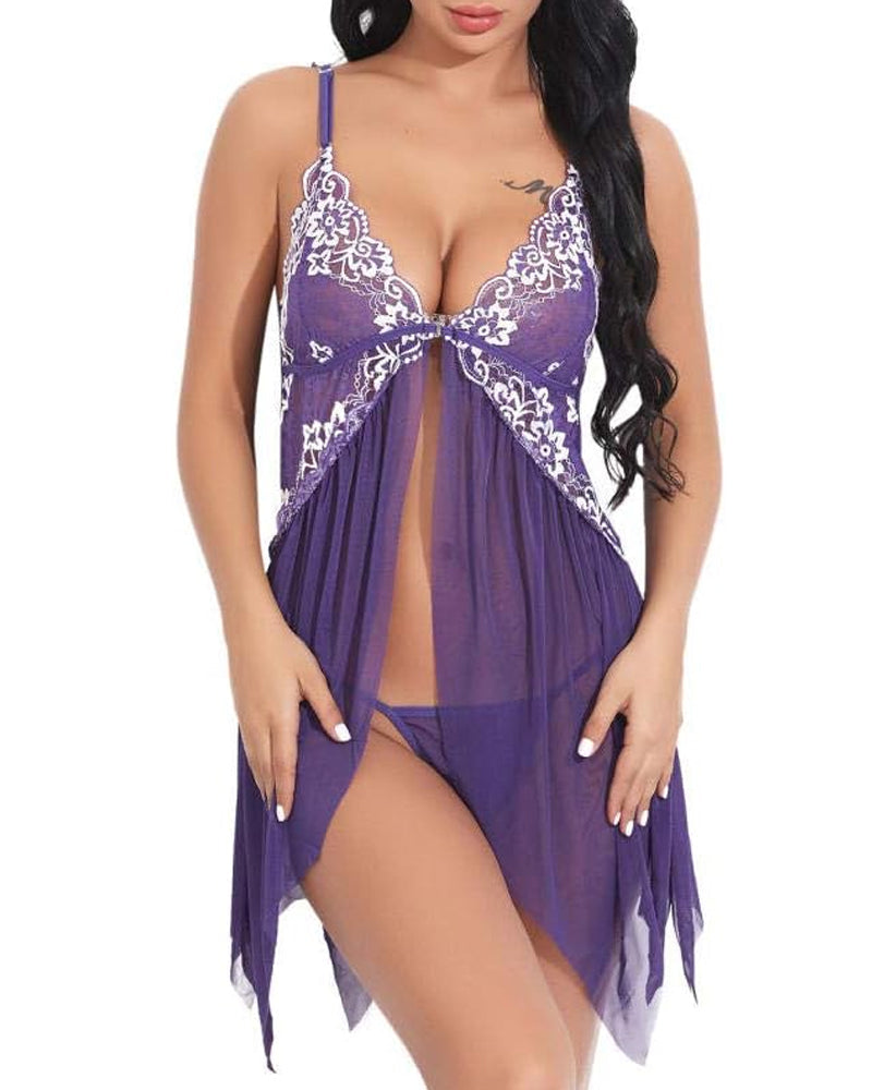 Sexy Deep V Lace Translucent Mesh Front Button Suspender Nightdress and Thong Set