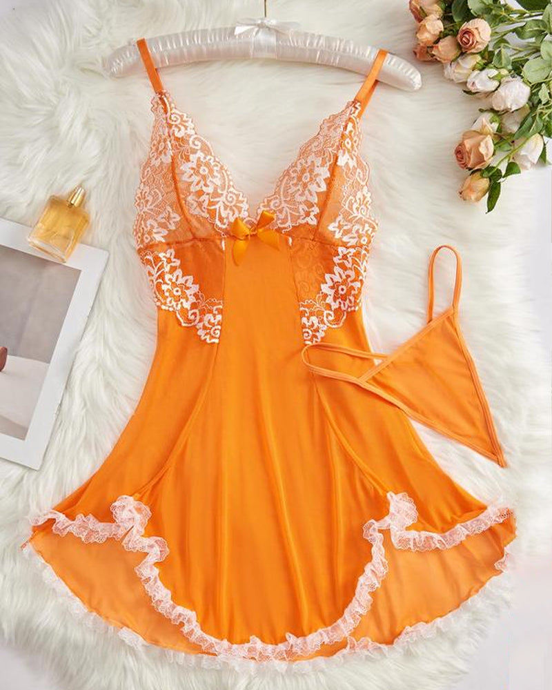 Sexy Deep V Contrast Lace Mesh Bow Decoration Suspender Nightdress (With Thong)