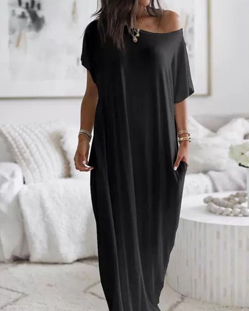 Women's Solid Color Bat Sleeve Casual Comfortable Short Sleeve Dress