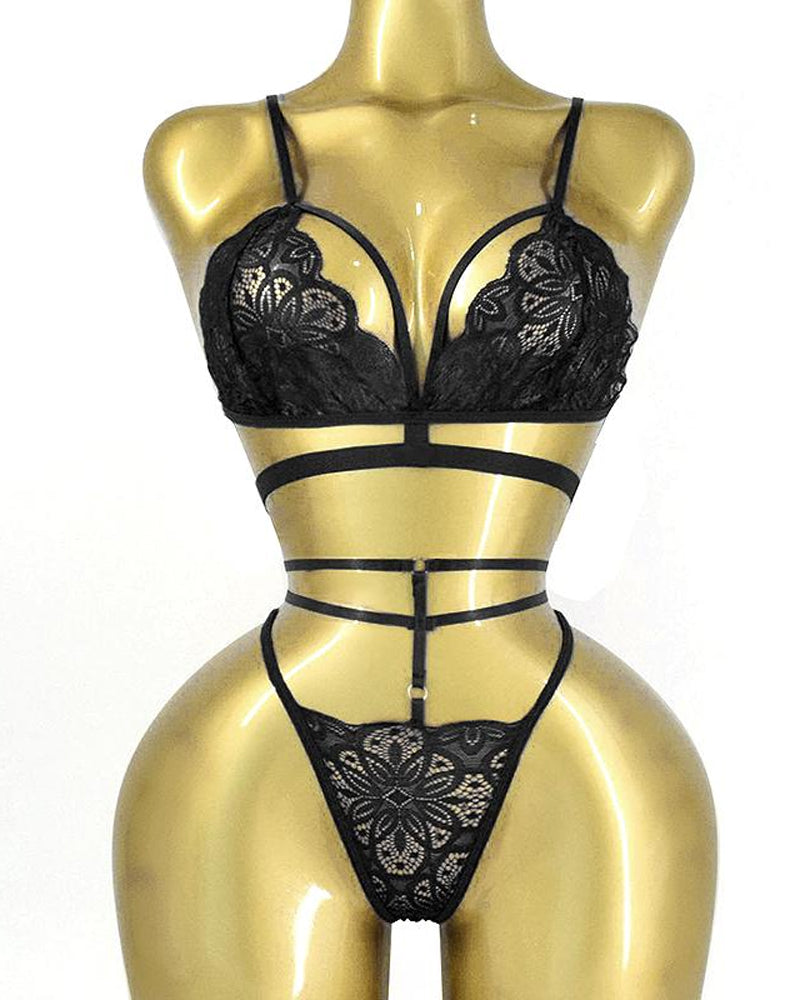 Women's Floral Lace Sexy Adjustable Strap Bra and Thong Set