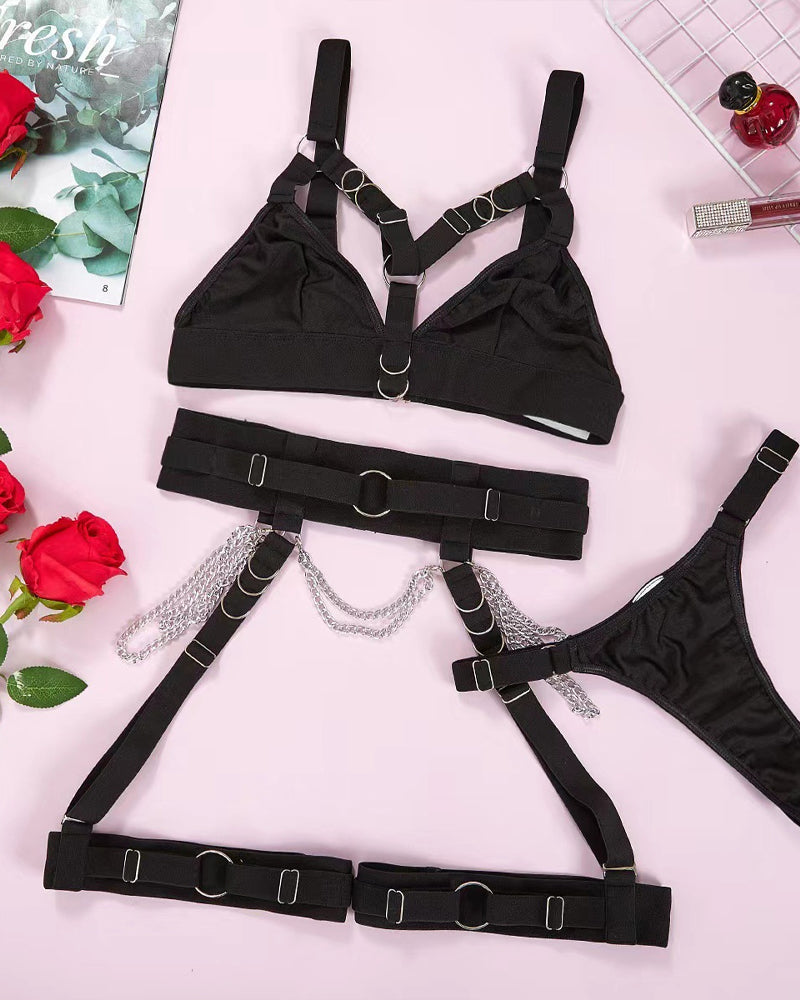 Sexy Metal Chain Binding Waist Seal Leg Ring Adjustment Three-Piece Set