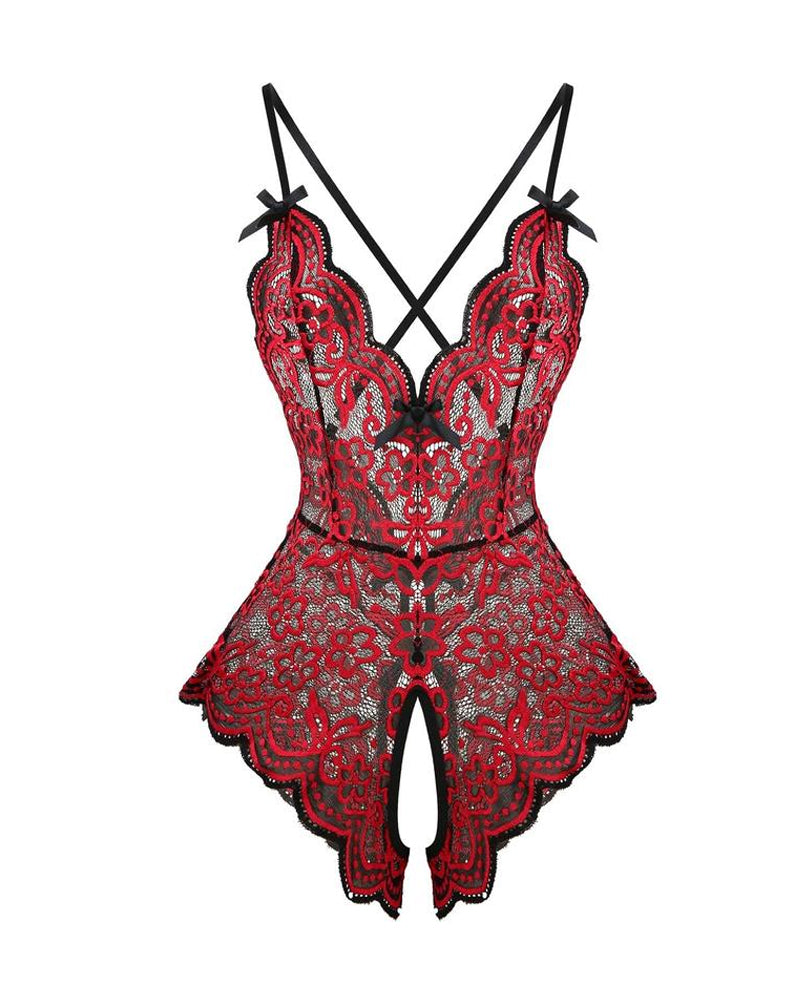 Sexy Flower Lace Deep V Neck Open Crotch Suspender Bodysuit
