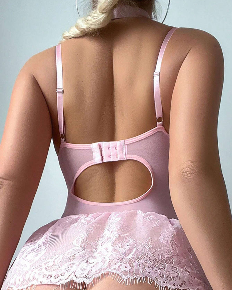 Sexy Floral Lace Low Cut Suspender Babydoll Dress with Garter Stockings