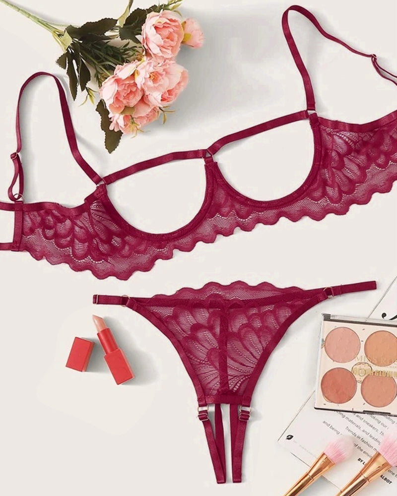 Sexy Lace Hollow Anti-Sagging Bra and Crotchless Thong Set