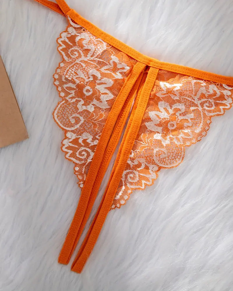 Sexy Floral Lace Exposed Breast Bra and Crotchless Thong Panty Set