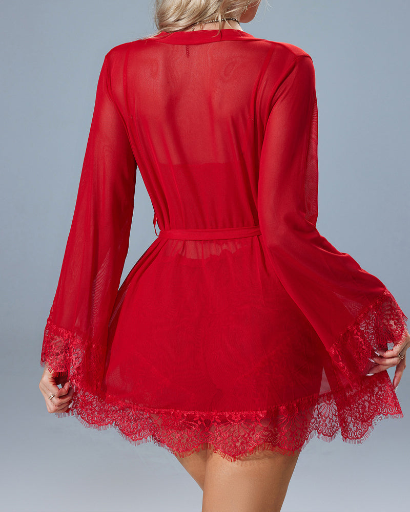 Sexy Lace Tulle Pajamas Three-piece Set