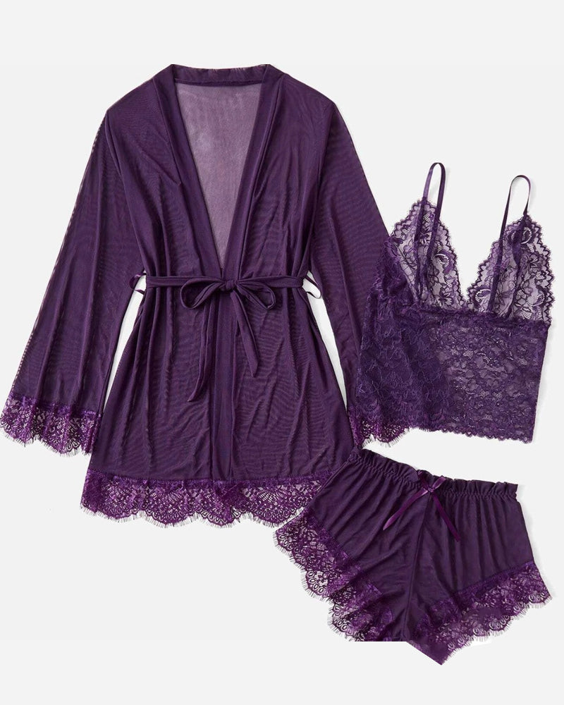 Sexy Lace Tulle Pajamas Three-piece Set