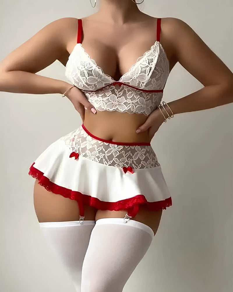 Deep V Sexy Lace Milk Silk Splicing with Stockings Pajamas Set