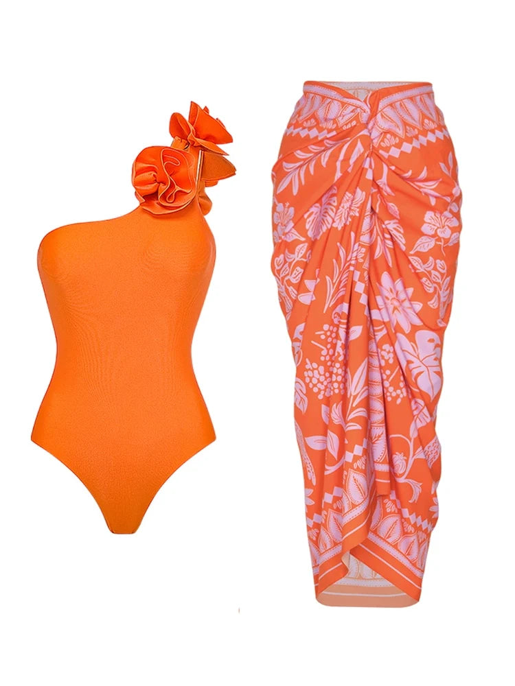 3D Floral Glossy Solid Swimsuit Set