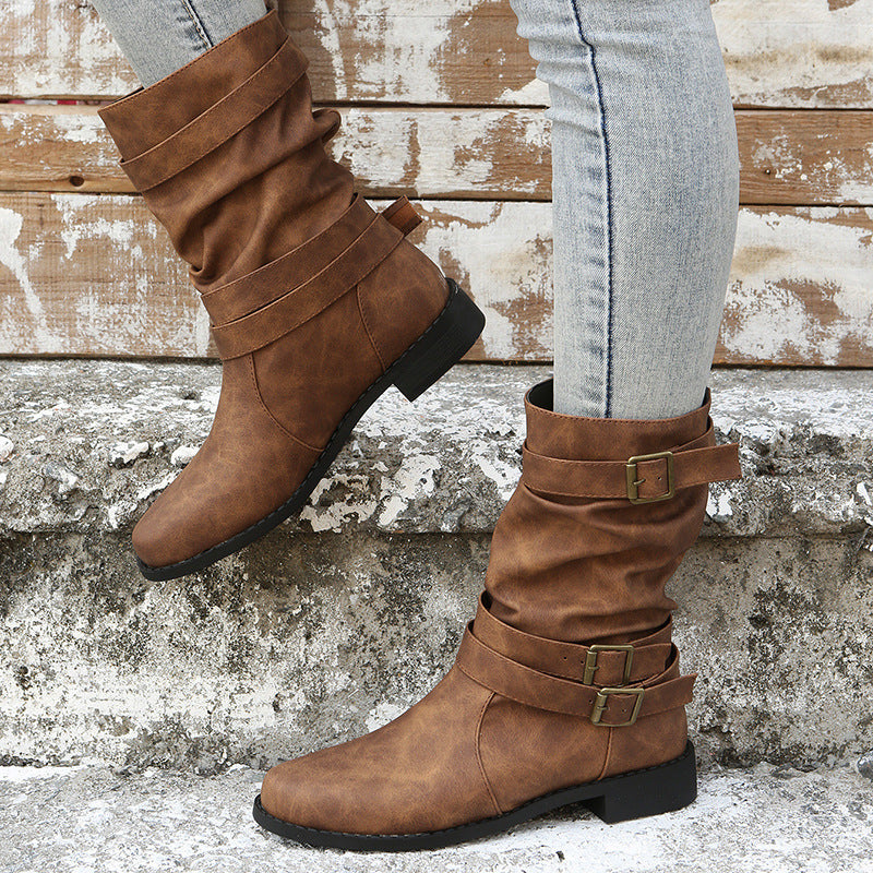 Sloane Luxe Slouch Boots – Buckle-Accented Mid-Calf Flat Boots