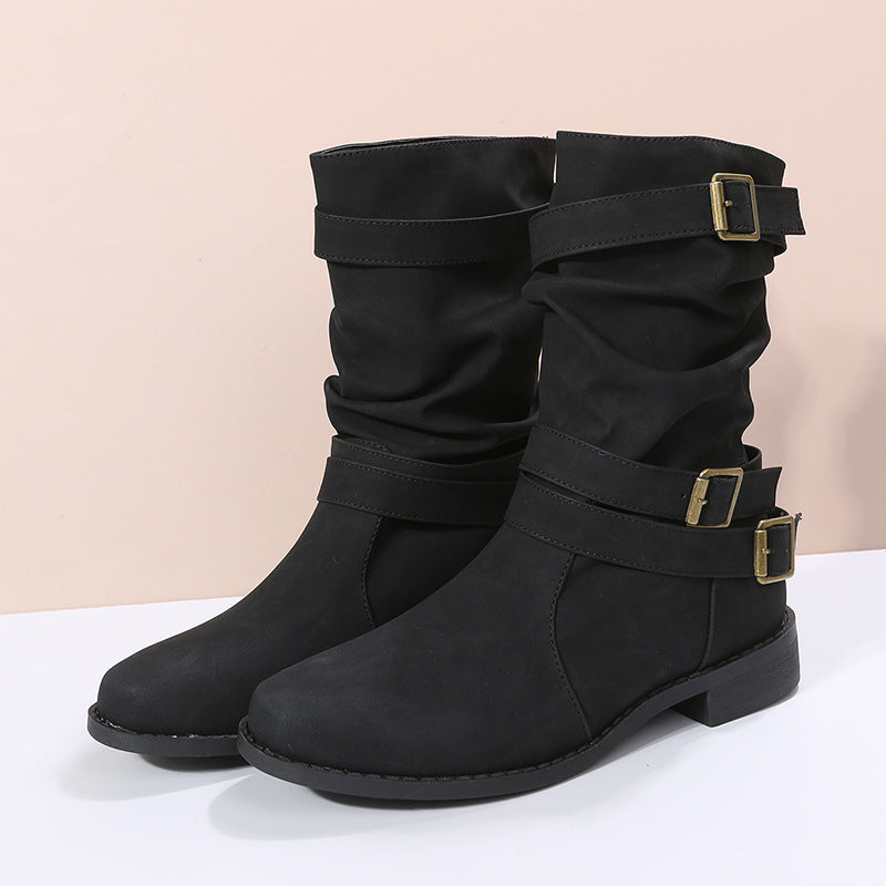 Sloane Luxe Slouch Boots – Buckle-Accented Mid-Calf Flat Boots