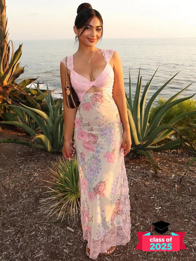 Floral Lace Plunge Maxi Dress