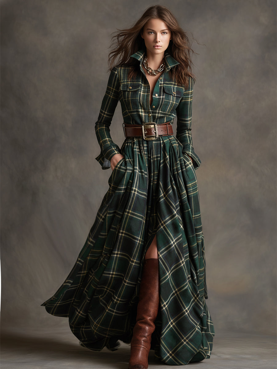 Retro Ethnic Style Lapel Reddish Brown Plaid Maxi Dress