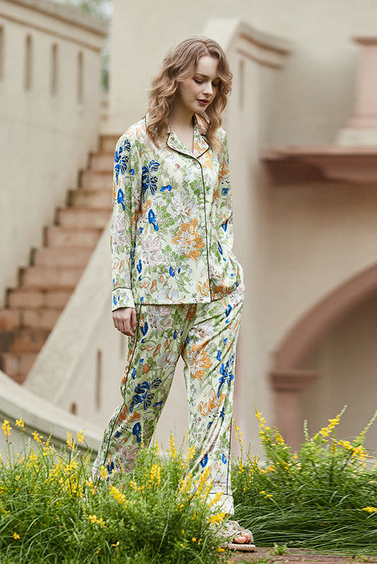 Morning Glory and Lily Pattern Cardigan Long Sleeve Pajama Set
