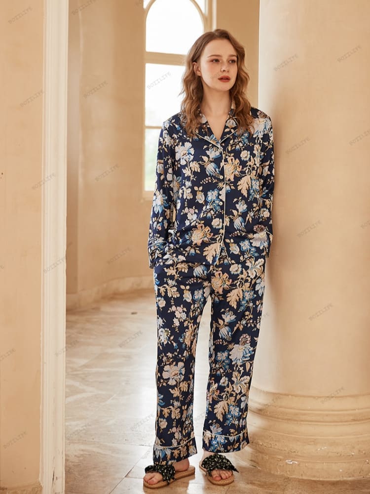 Begonia Flower Print Long-Sleeve Pajama Loungewear Set