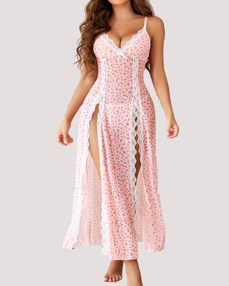 Sexy Suspenders See-Through Lace Mesh Long Slits With Panties Pajamas Set