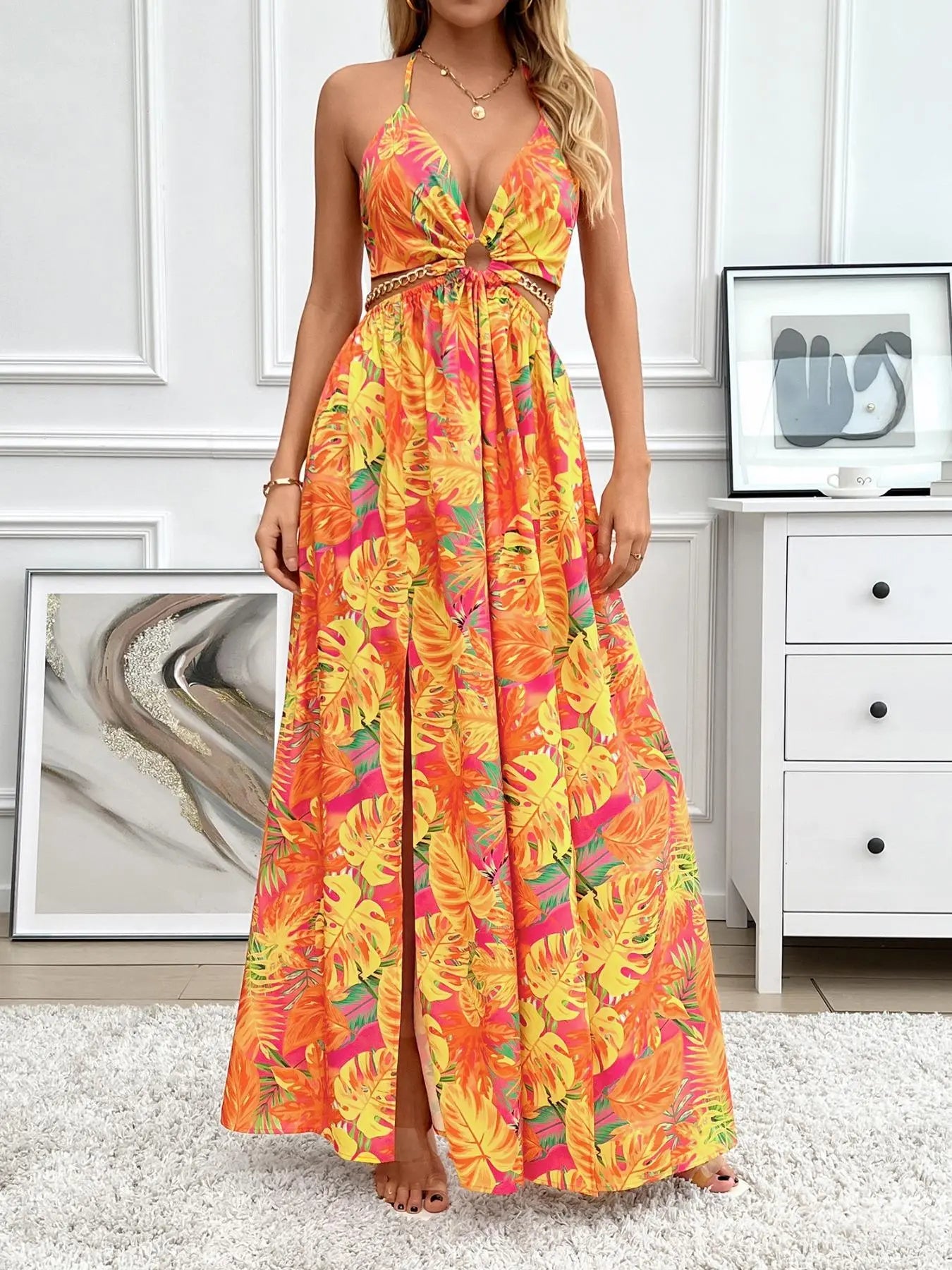Floral Chain Split Dress – Bold Tropical Style with Gold Accents