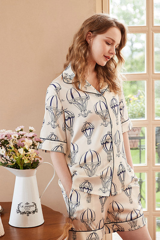 Hot Air Balloon Print Pajama Set - White