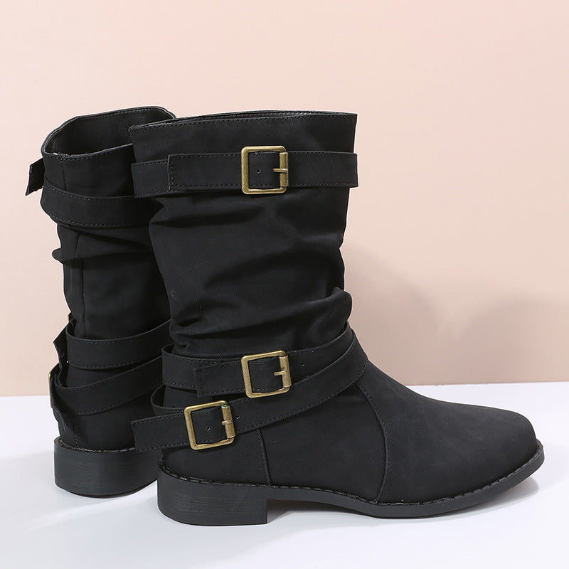 Sloane Luxe Slouch Boots – Buckle-Accented Mid-Calf Flat Boots