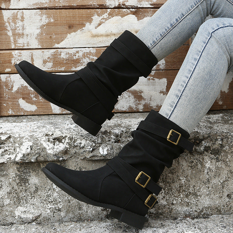 Sloane Luxe Slouch Boots – Buckle-Accented Mid-Calf Flat Boots