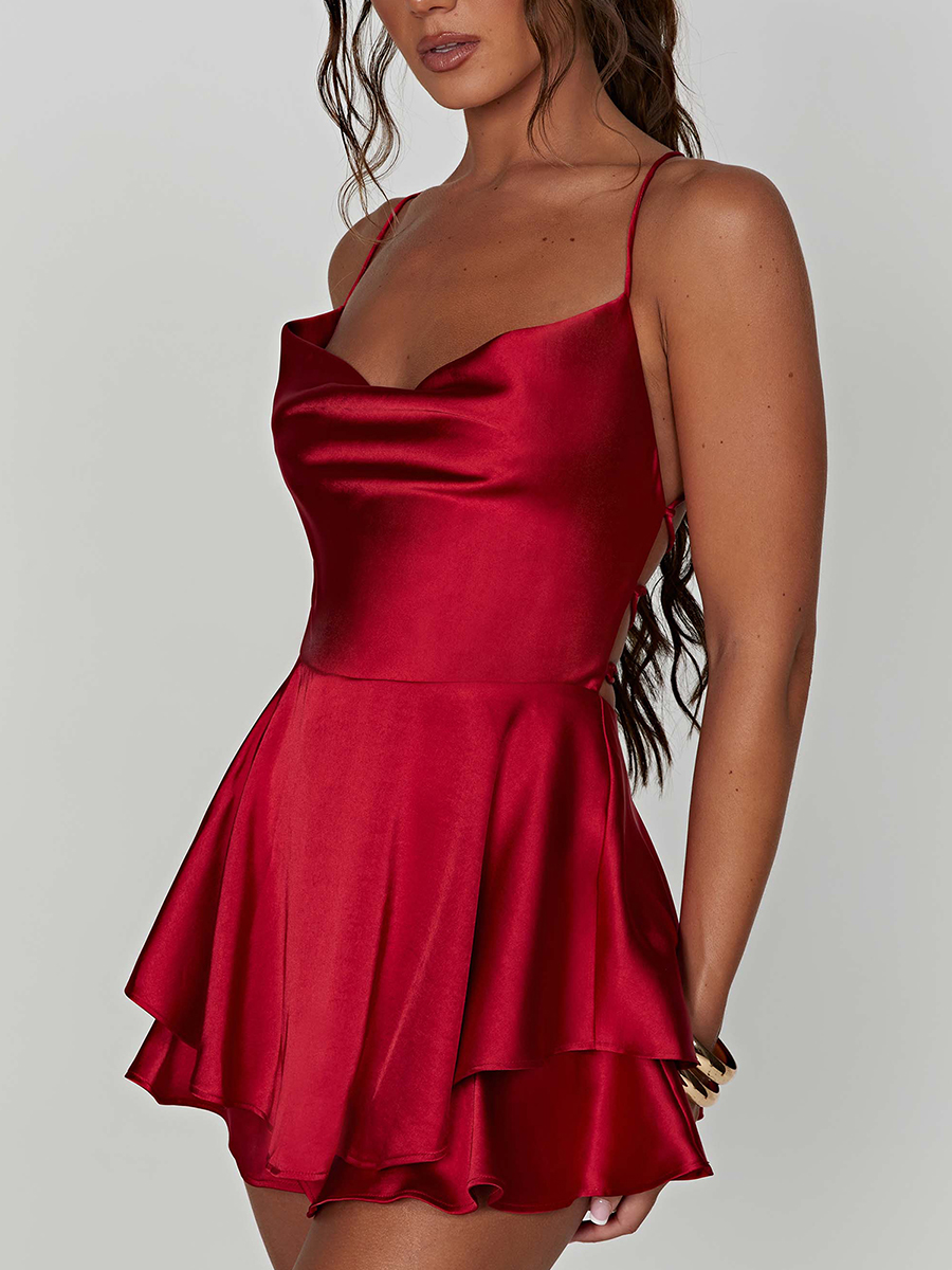 Elegant Satin Romper – Red Backless Party One-Piece with Drape Neck
