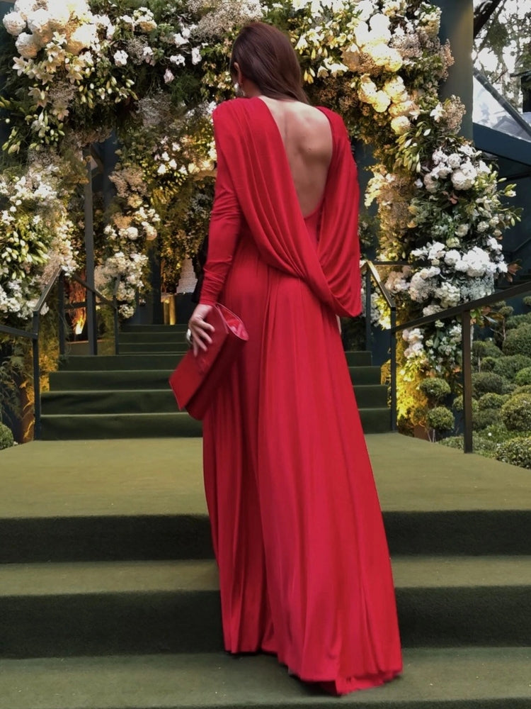 Draped Back Long-Sleeve Dress