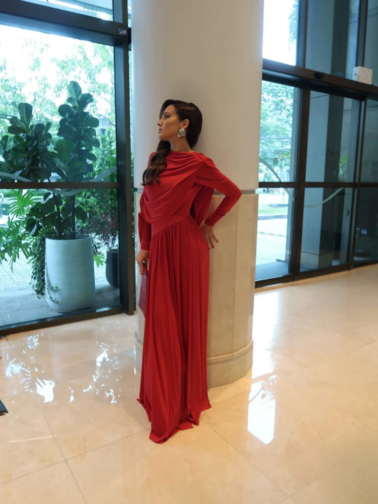 Draped Back Long-Sleeve Dress