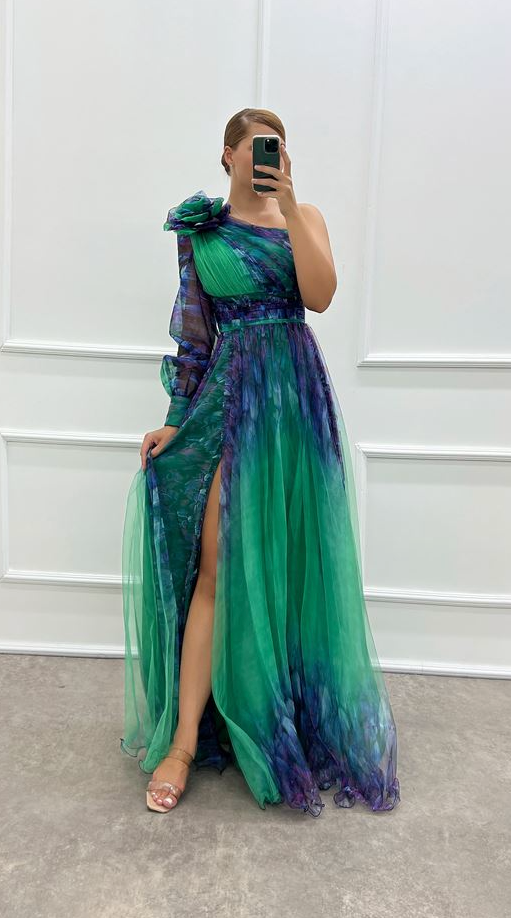 Judith - Trendy One Shoulder Mesh Print Maxi Dress