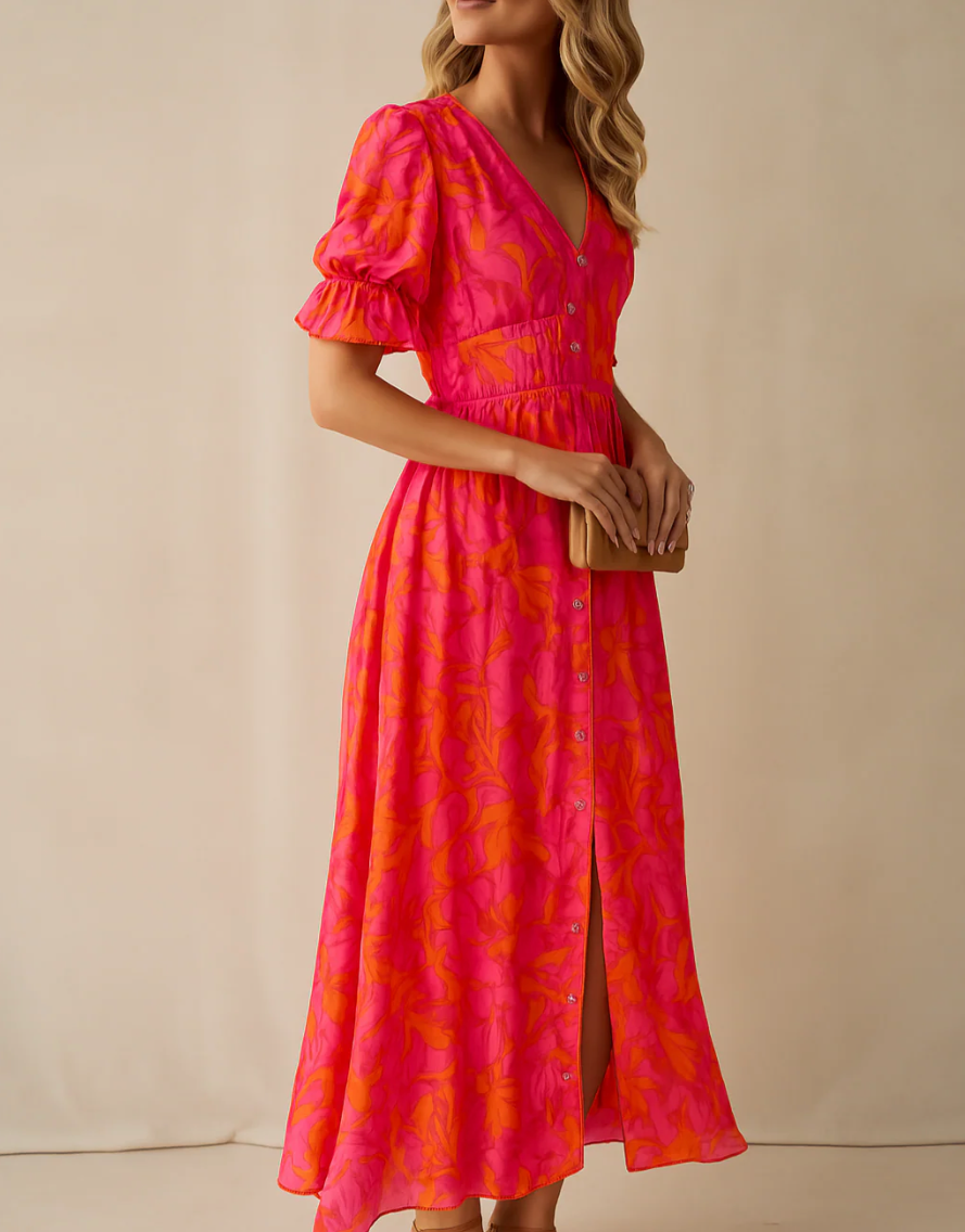 Alva - Elegant V-neck Puff Sleeve Maxi Dress