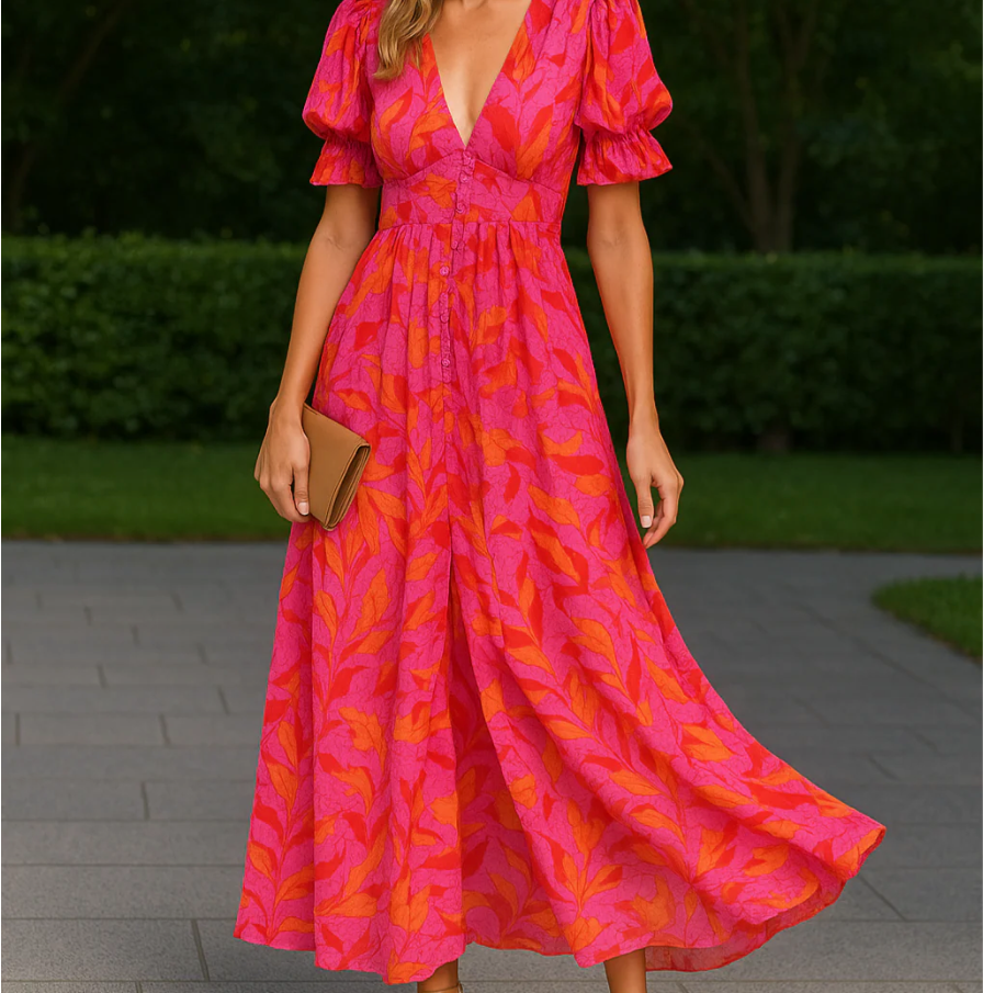 Alva - Elegant V-neck Puff Sleeve Maxi Dress