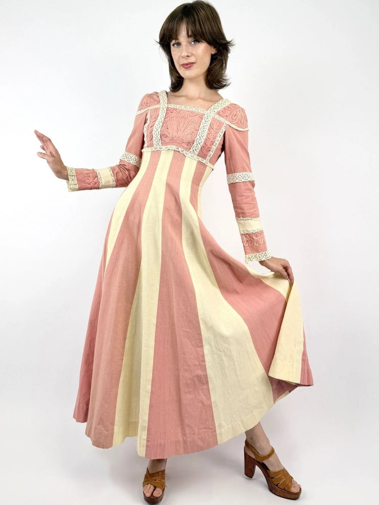 Ribbon Embroidered Stripe Maxi Dress