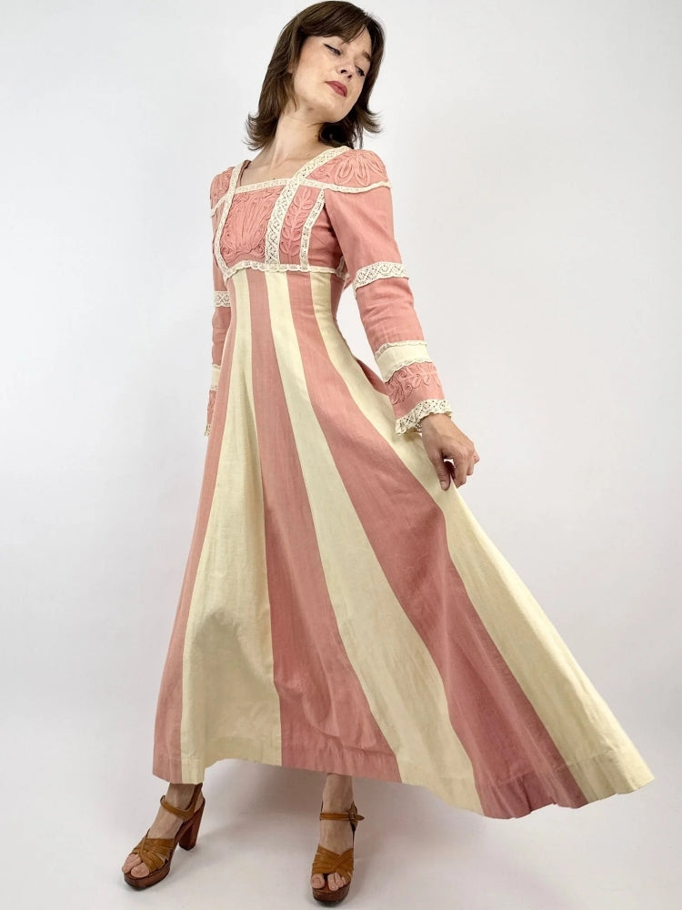 Ribbon Embroidered Stripe Maxi Dress