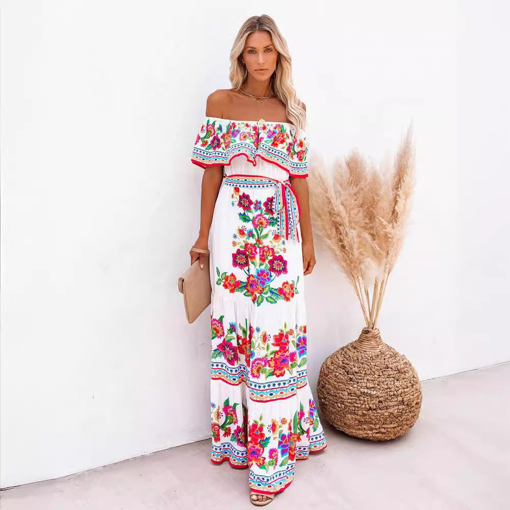 Oceana - Printed Lace-Up Waist Long Dress