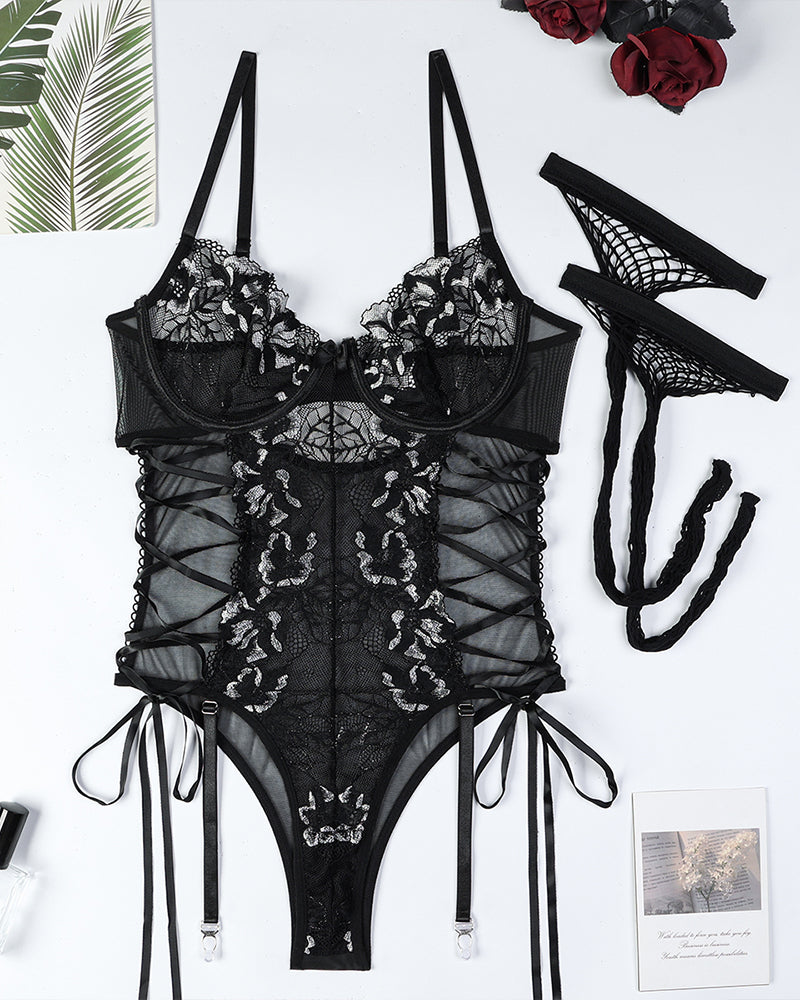 Criss Side Tie Sheer Floral Lace Bodysuits