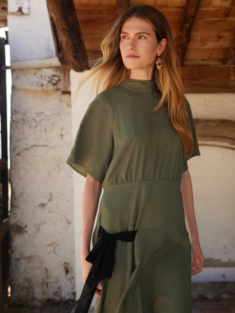 Asymmetric High-Neck Midi Dress